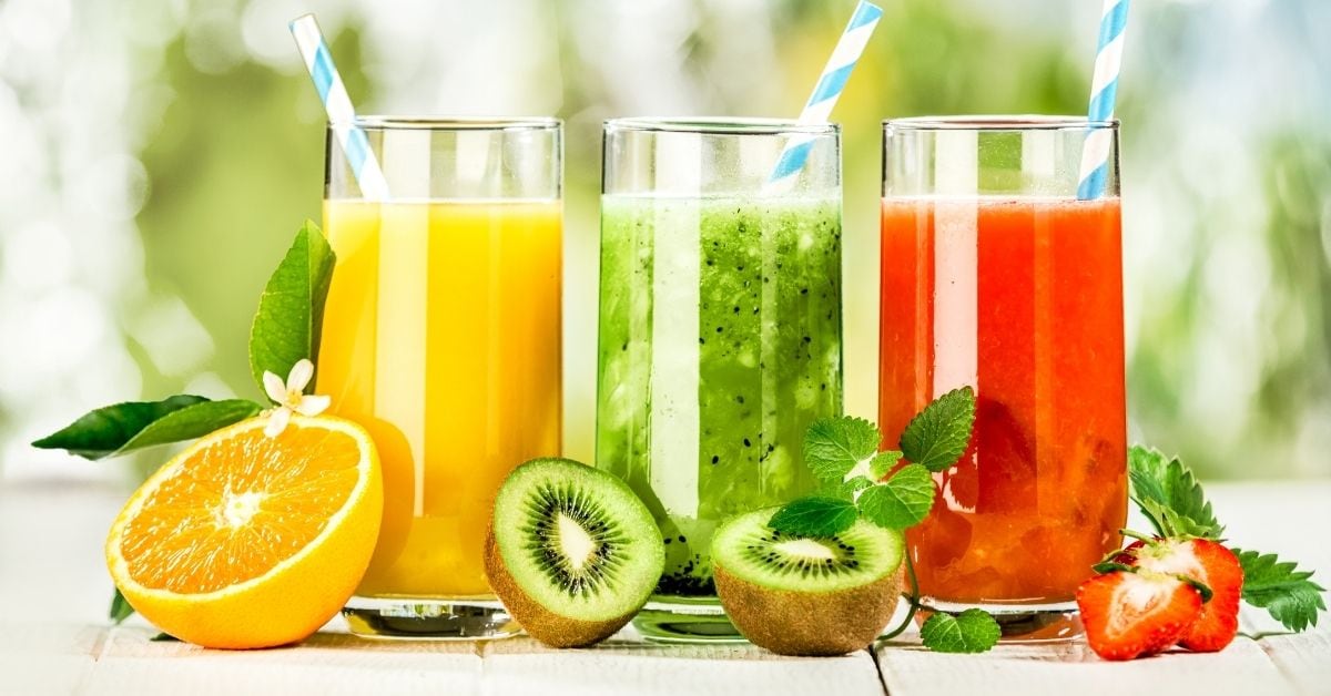 Delicious Fruit Juices Orange Kiwi and Strawberry