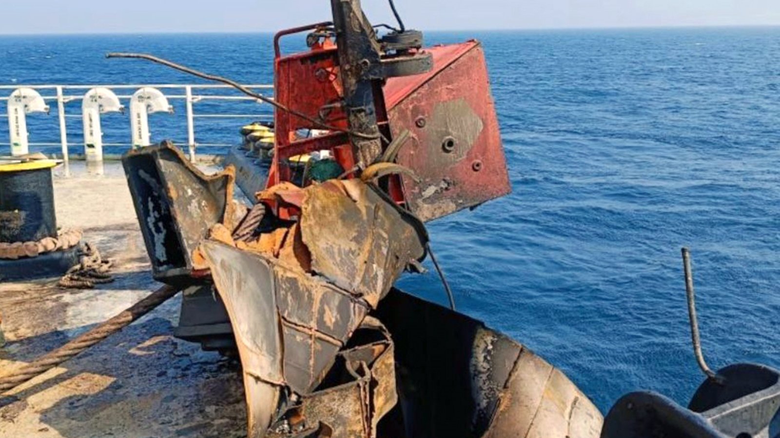 Damage caused to MV Chem Pluto in the drone attack . ANI