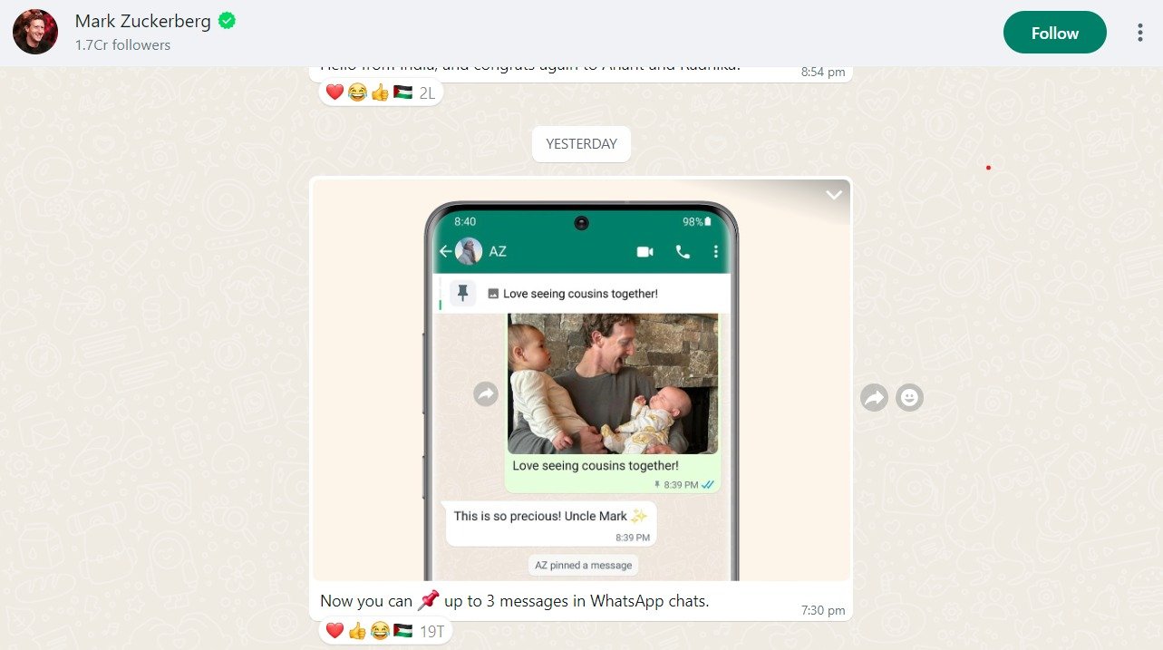 Now you can pin not just one but 3 messages, Mark Zuckerberg himself gave the information