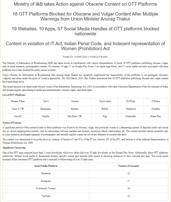 18 OTT platforms, 19 websites, 10 apps banned