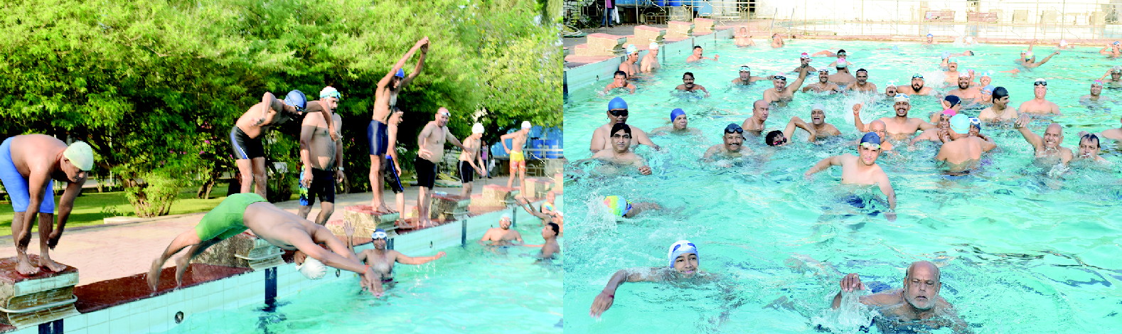 Swimmers splash in swimming pools to cool off in the sweltering heat