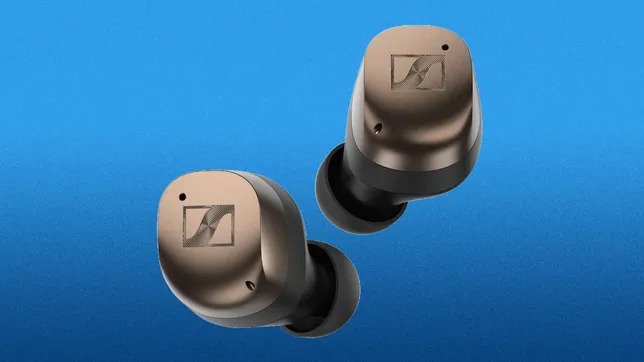 sennheiser momentum 4 true wireless buds blue background