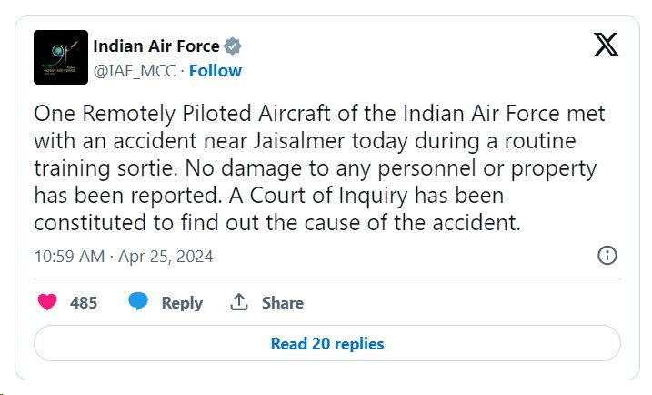 Indian Air Force reconnaissance aircraft crashes in Jaisalmer