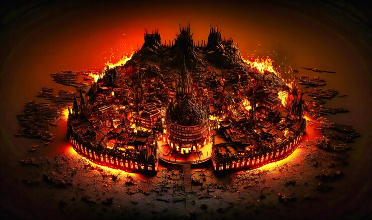 city with fire pits lava rivers demonic creatures 674594 4886