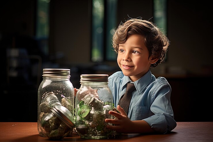 young boy sitting table with jar full money 1072138 14921